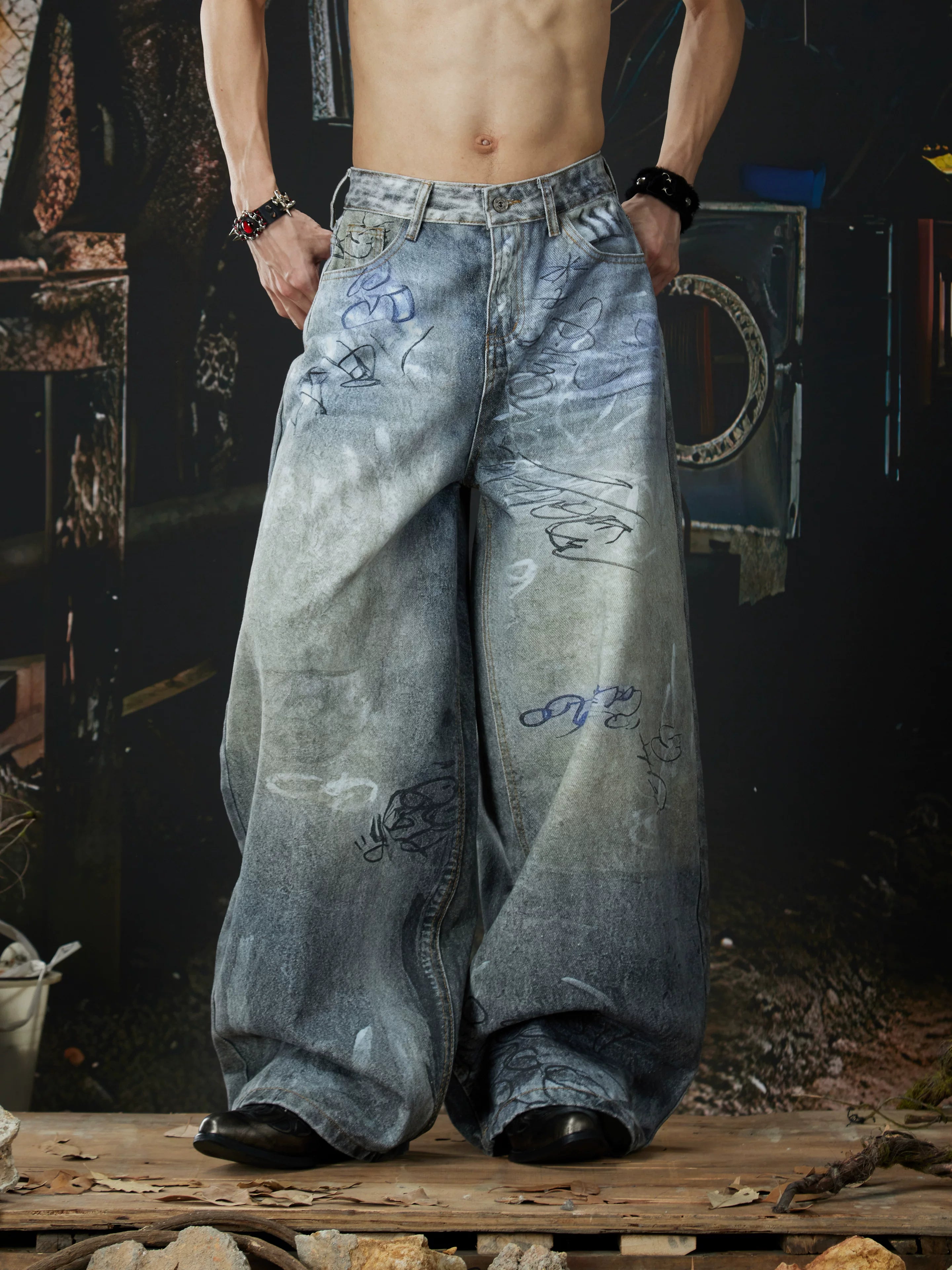 NOMANIAI Unisex Loose-Fit Denim Jeans with 3D-Printed Street Graffiti.