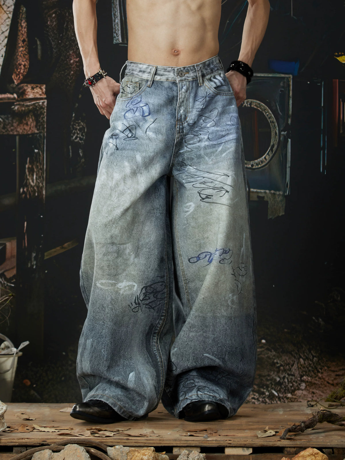 NOMANIAI Unisex Loose-Fit Denim Jeans with 3D-Printed Street Graffiti.