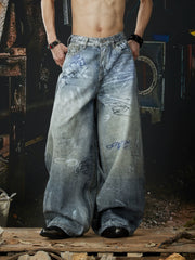 NOMANIAI Unisex Loose-Fit Denim Jeans with 3D-Printed Street Graffiti.