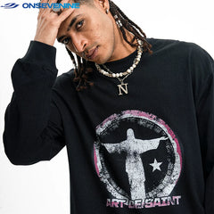 ONIVENINE American Street Loose Small Collar Heavy Cotton Long Sleeve T-shirt Men's and Women's Spring and Autumn Base Top