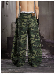 NOMANIAI Rhinestone-Embellished Vintage Camouflage Lantern-Cut Denim Jeans.