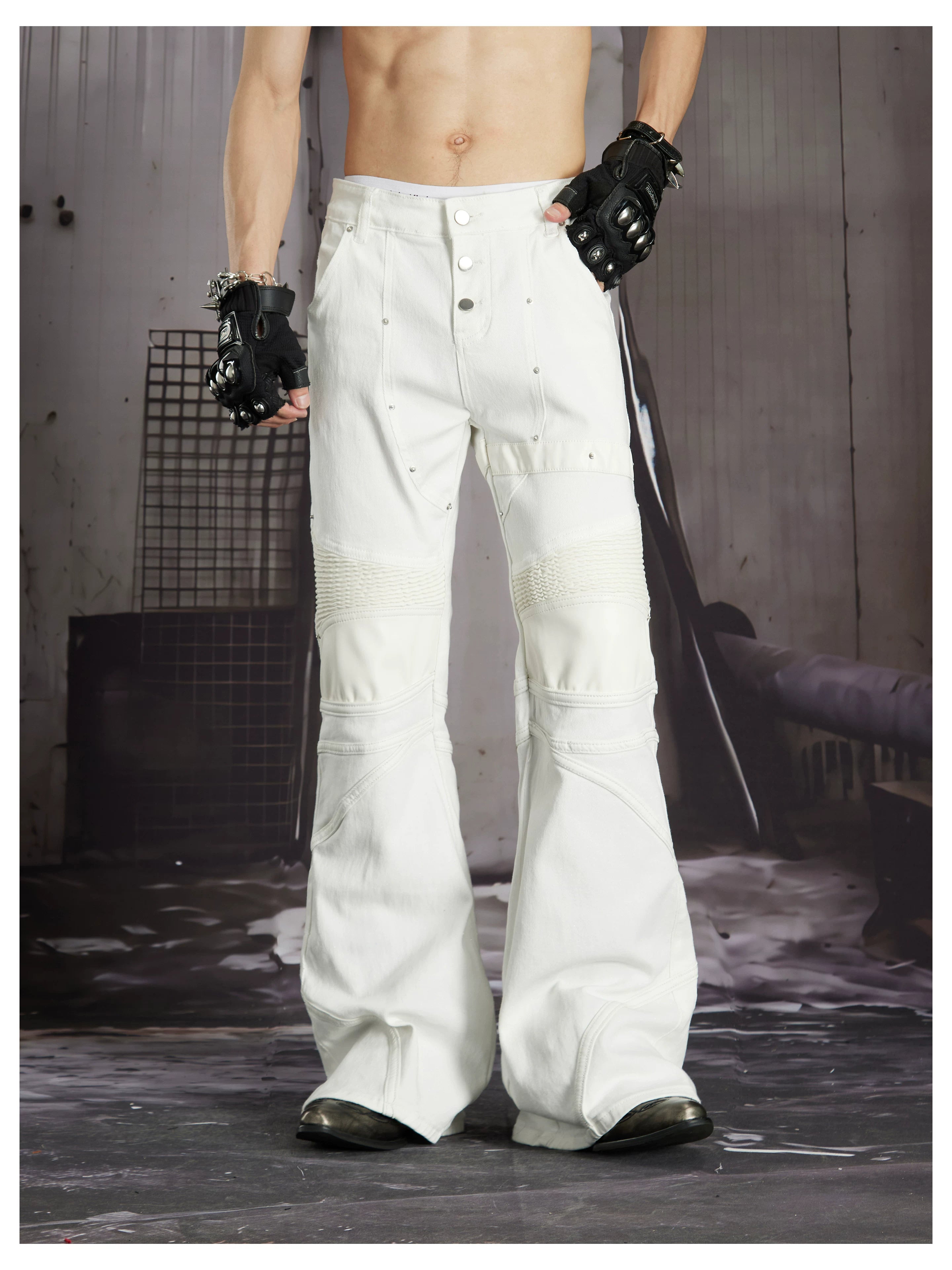 NOMANIAI 3D-cut studded slim-fit slight-flare street-style jeans.