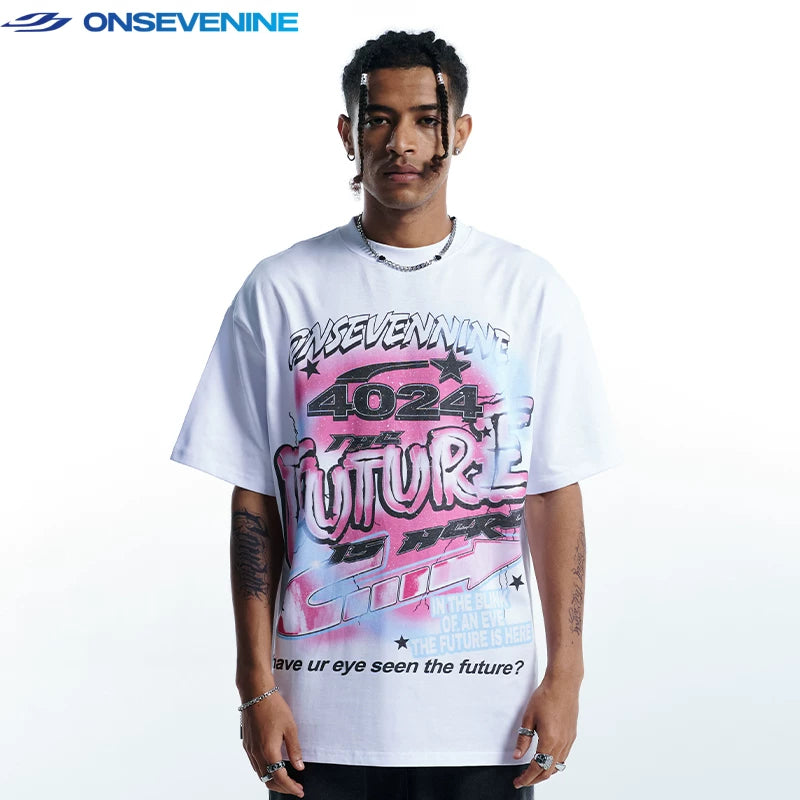 ONS VENINE Small Collar 280g Heavy duty Cotton American Street Retro Direct Spray Printed Short Sleeve T-shirt for Men Summer