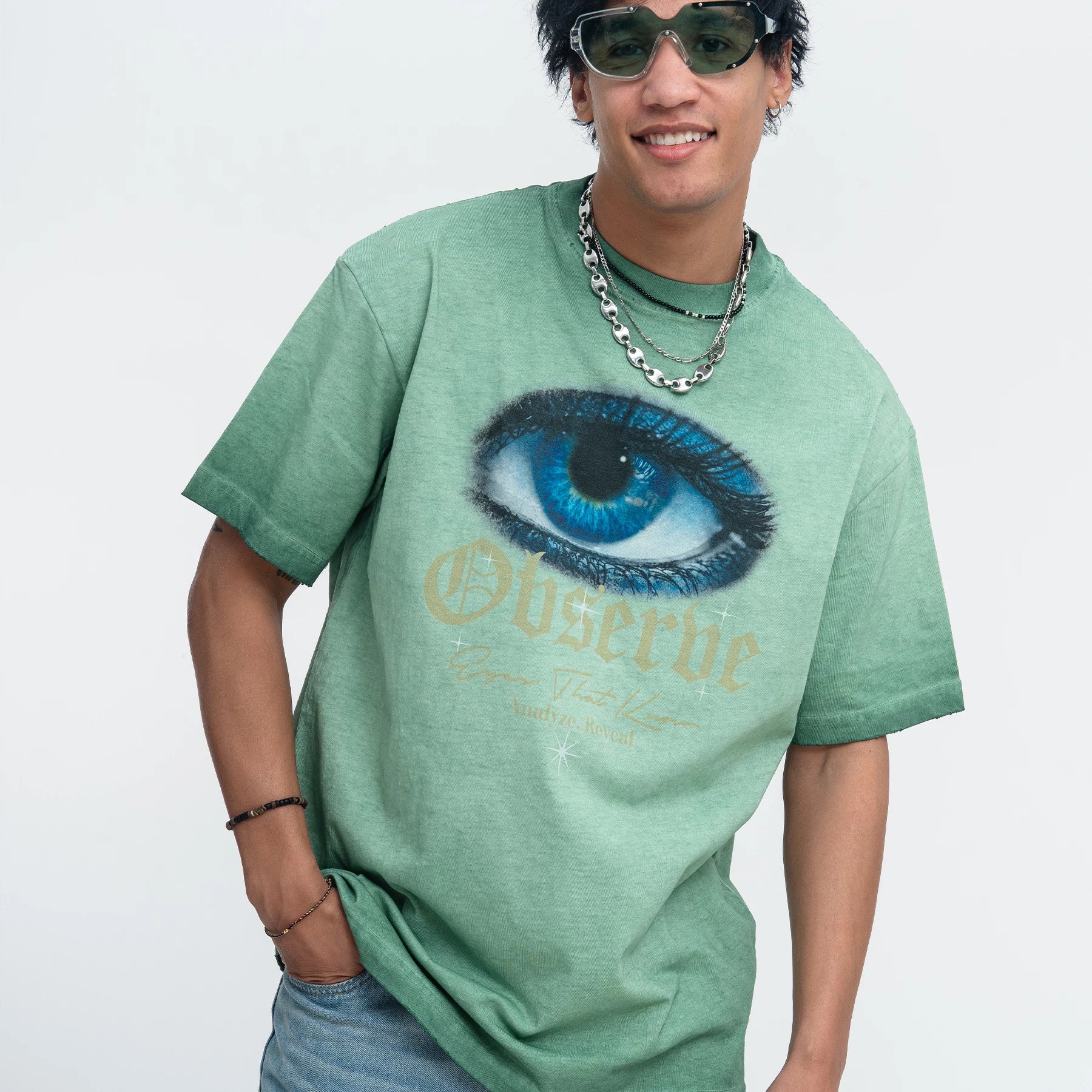 ONS VENINE American washed retro distressed gradient distressed edge 260g small collar short sleeved T-shirt men's summer