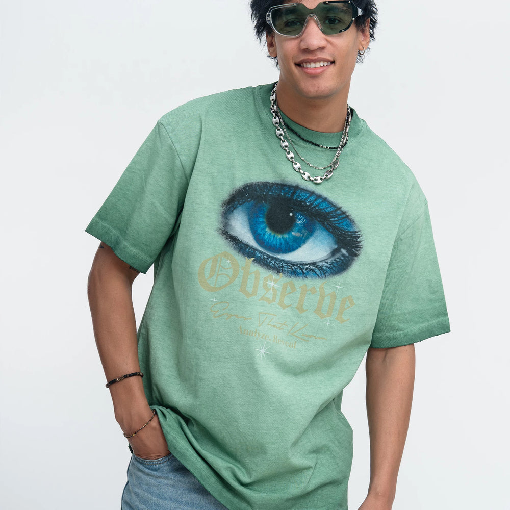ONS VENINE American washed retro distressed gradient distressed edge 260g small collar short sleeved T-shirt men's summer