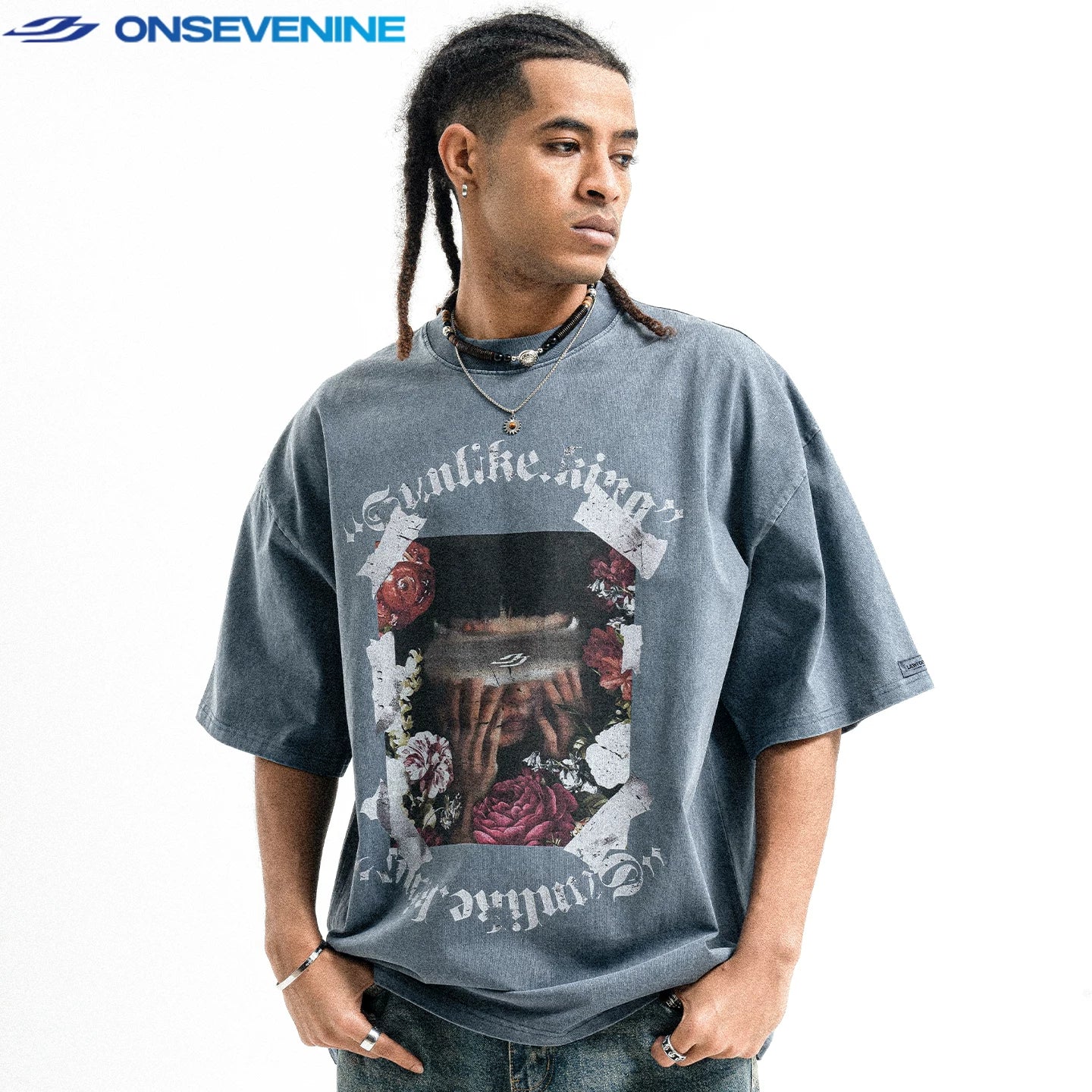 Onsevenine Original American Washed Retro Do Old Anti Stir Fry Heavy Weight Cotton Small Collar Short Sleeve T-shirt for Men Summer