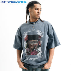 Onsevenine Original American Washed Retro Do Old Anti Stir Fry Heavy Weight Cotton Small Collar Short Sleeve T-shirt for Men Summer