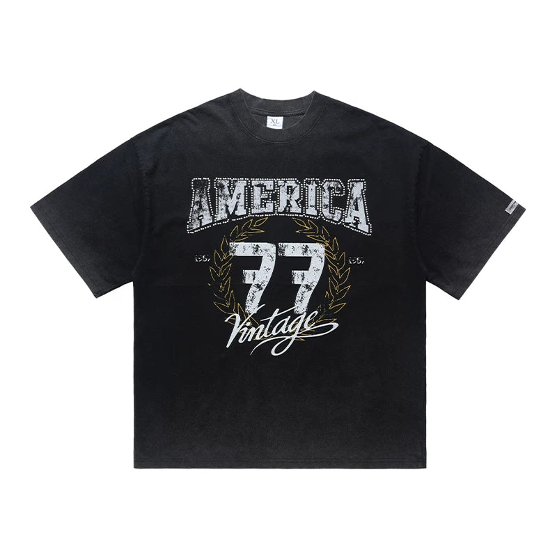 ONS EVENT Original Trendy Brand American Retro Washed, Used, Hot Diamond Made Pure Cotton Short sleeved T-shirt for Men Summer Loose Ins