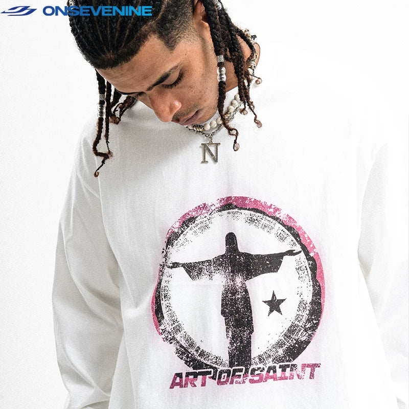 ONIVENINE American Street Loose Small Collar Heavy Cotton Long Sleeve T-shirt Men's and Women's Spring and Autumn Base Top