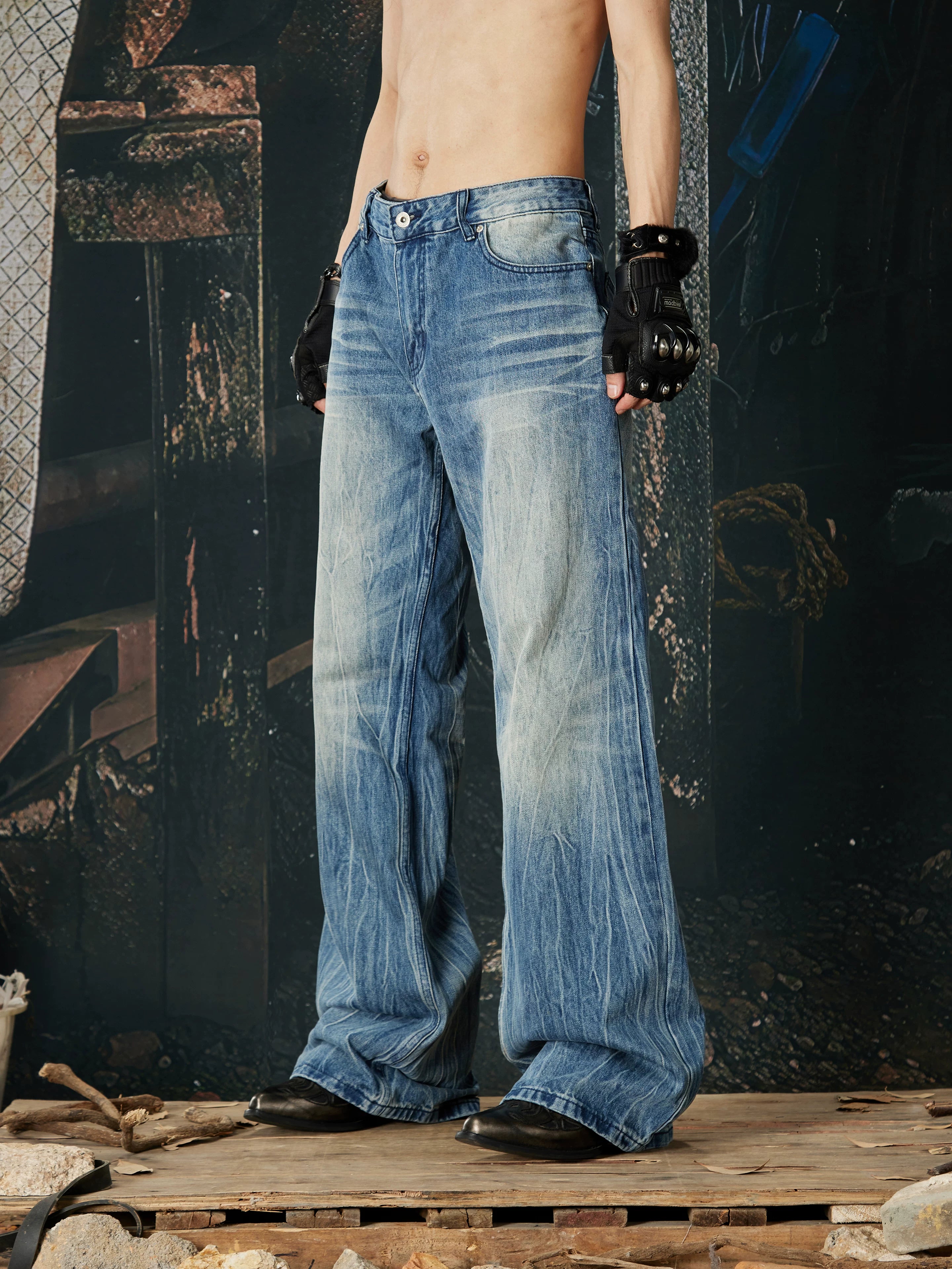 NOMANIAI Distressed American Streetwear Lightning-Wash Vintage Indigo Loose-Fit Jeans.