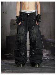 NOMANIAI  Panel-construction straight-leg jeans with rivets and a distressed wash.