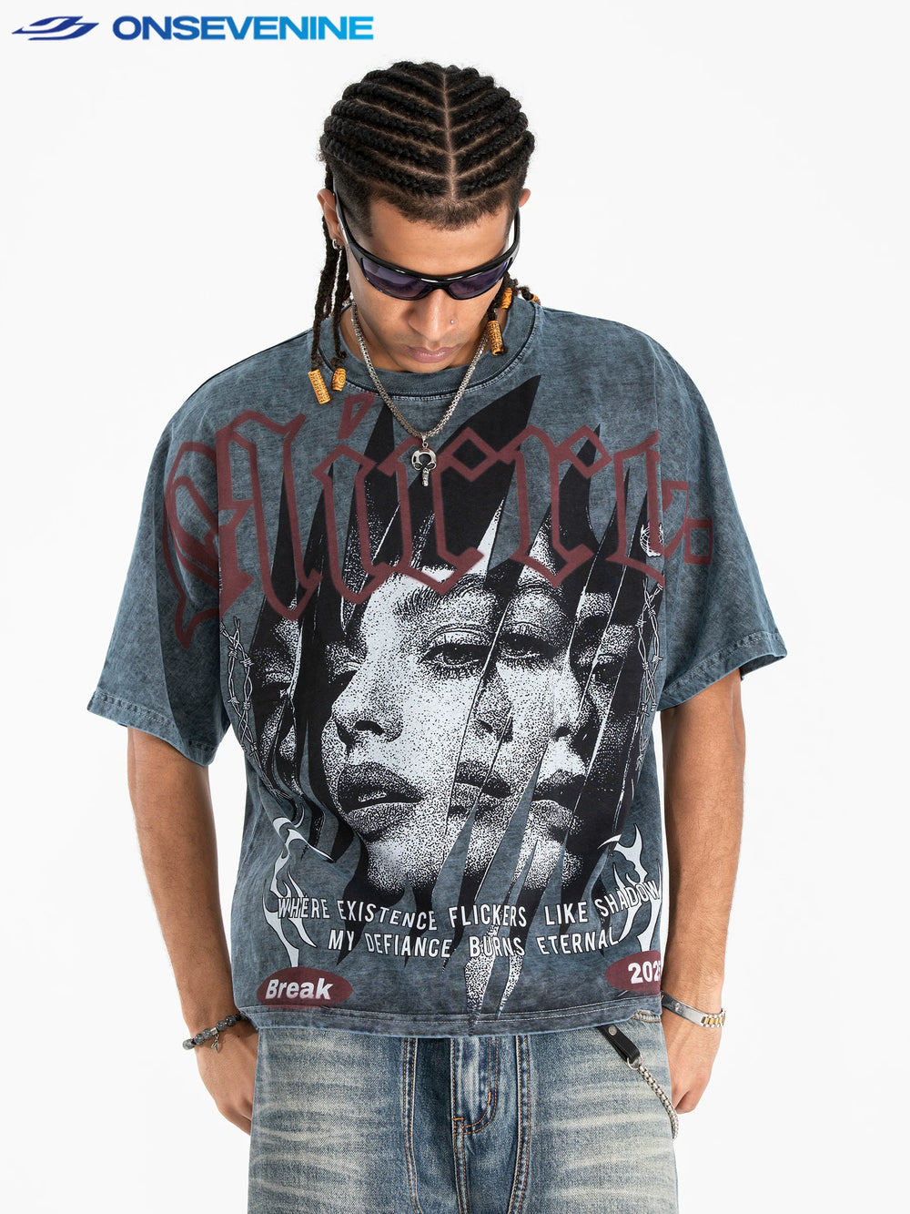 Onsevenine Original Printed Small Collar Summer Shoulder Down T-shirt 300g Heavy Cotton Short Sleeve Loose Short Style