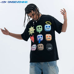 ONIVENINE American Street Loose Small Collar 300g Heavy Cotton Short sleeved T-shirt for Men and Women in Summer