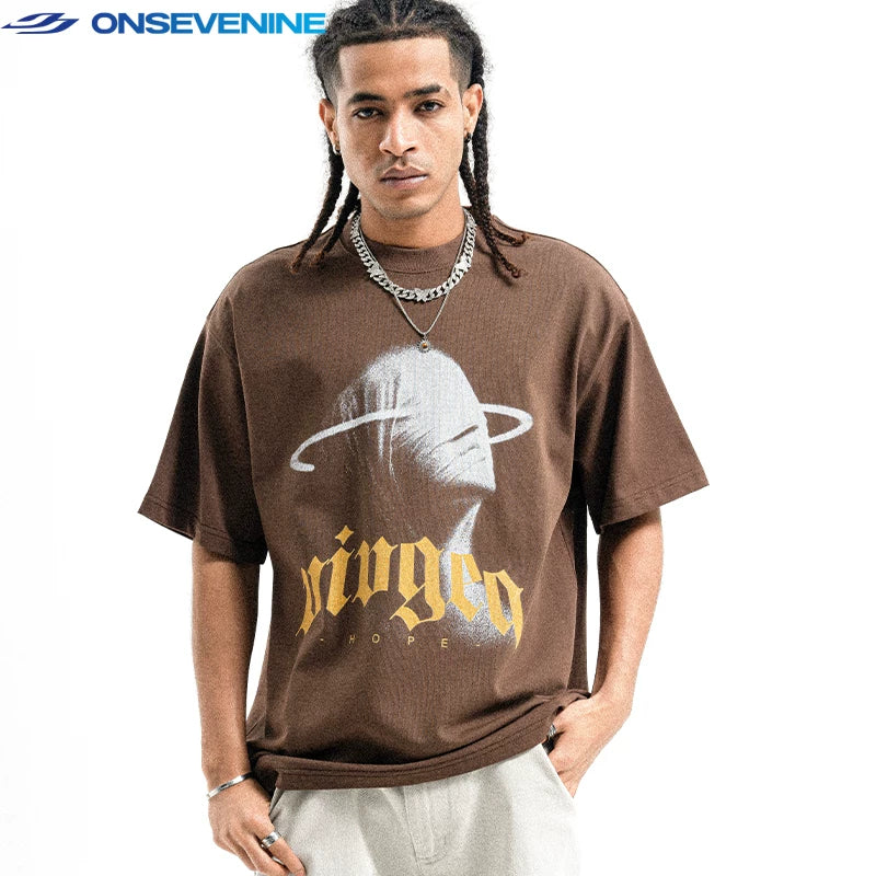 ONSEVENINE American Street Hip Hop Hip Hop Hip Hop Dance China-Chic Small Neckline 300g Loose Couple Short Sleeve T-shirt Male Summer