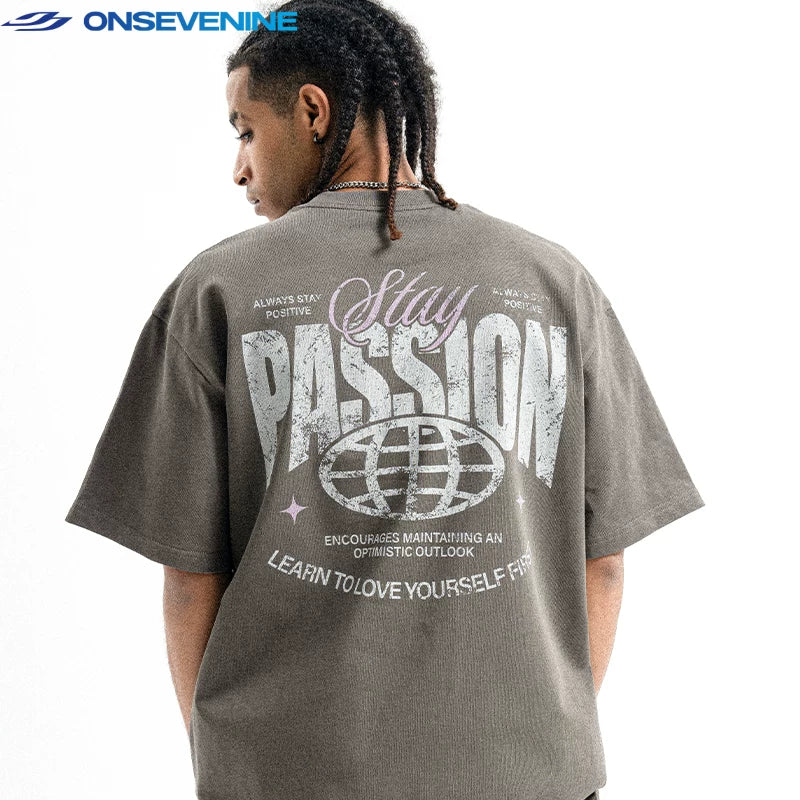ONIVENINE American Hip Hop Street Dance Trendy Brand Small Collar 300g Pure Cotton Couple's Short sleeved T-shirt for Men and Women Summer
