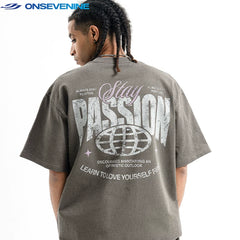 ONIVENINE American Hip Hop Street Dance Trendy Brand Small Collar 300g Pure Cotton Couple's Short sleeved T-shirt for Men and Women Summer