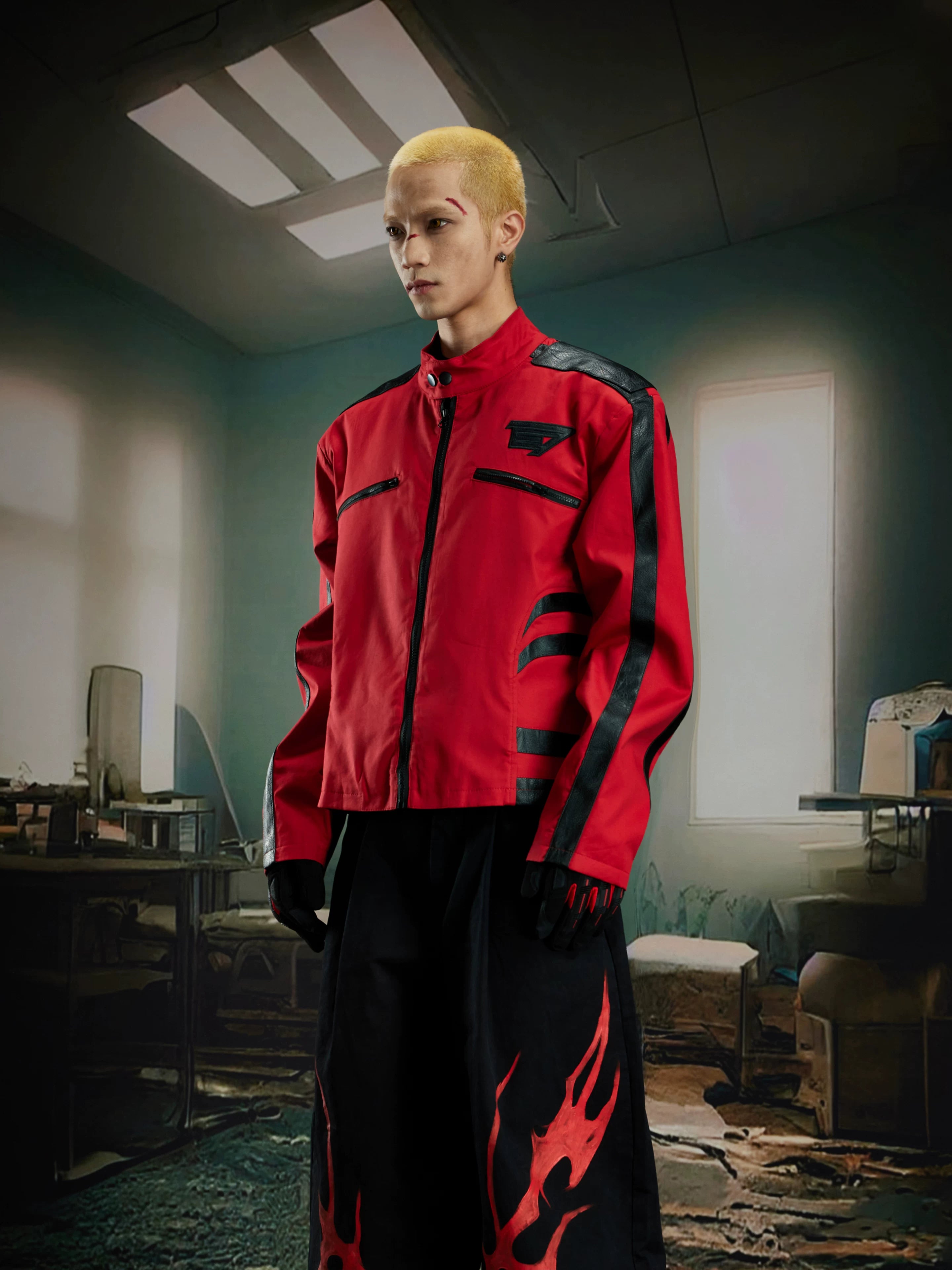 NOMANIAI Cropped stand-collar moto jacket with PU leather paneling and zip closure.