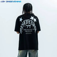 ONS VENINE Trendy American Street Loose 280g Heavy duty Cotton Small Collar Short sleeved T-shirt for Men and Women in Summer