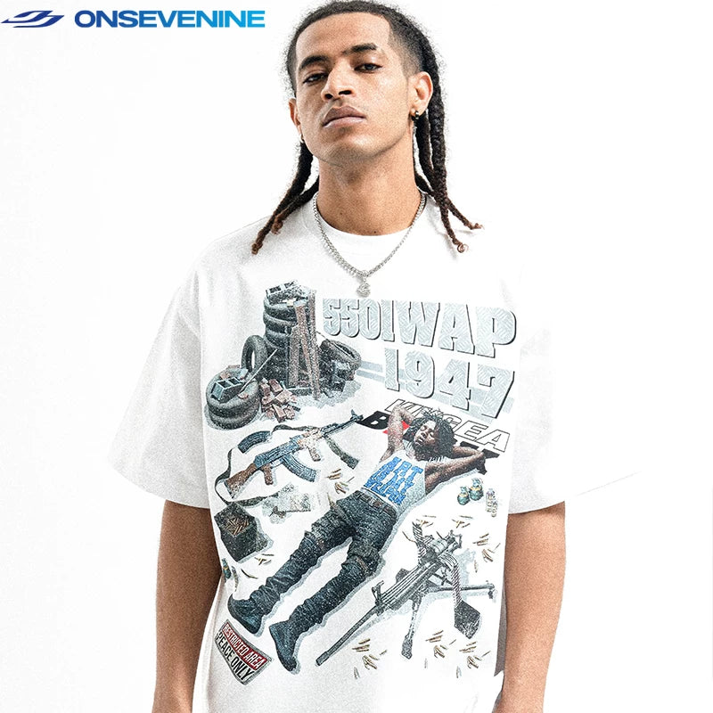 ONIVENINE American High Street Oversized Short sleeved Men's T-shirt Loose Small Collar 300g Heavy duty Cotton Women