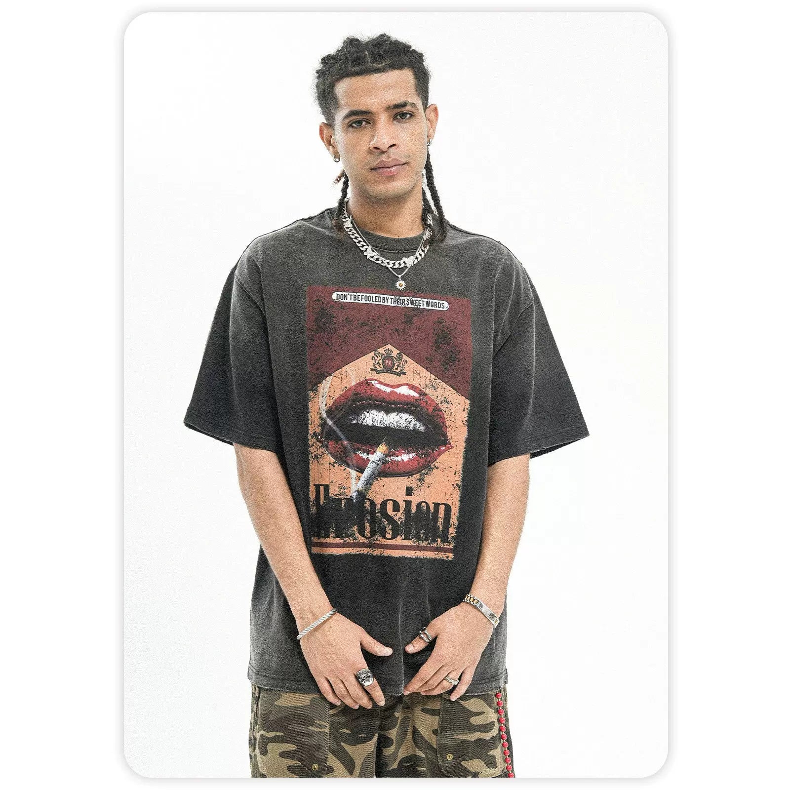 ONSEVENINE American Water Wash Vintage Worn Heavy Weight Cotton Small Neckline Short Sleeve T-shirt Men's Summer Hip Hop China-Chic