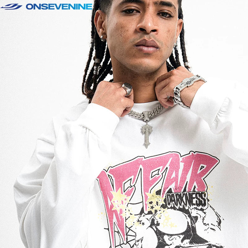 ONIVENINE American Street Loose Small Collar Cotton Long Sleeve T-shirt Men's and Women's Spring and Autumn Bottom Top Ins Trendy