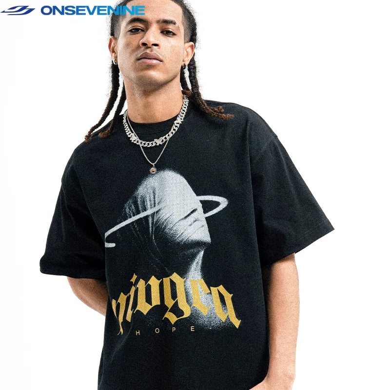 ONSEVENINE American Street Hip Hop Hip Hop Hip Hop Dance China-Chic Small Neckline 300g Loose Couple Short Sleeve T-shirt Male Summer