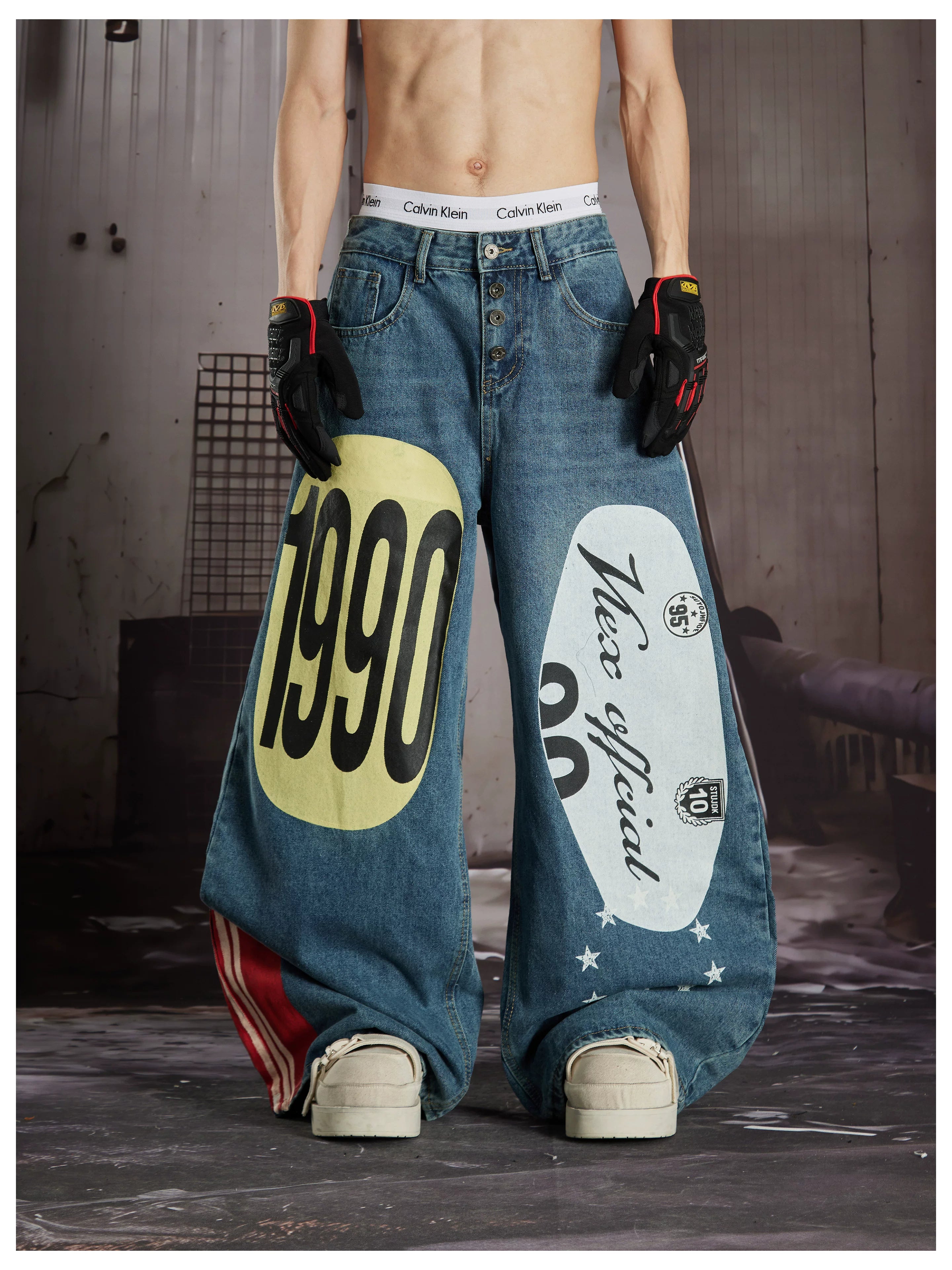 NOMANIAI  Trendy Street-Style Retro Loose-Fit Wide-Leg Curved-Cut Jeans.