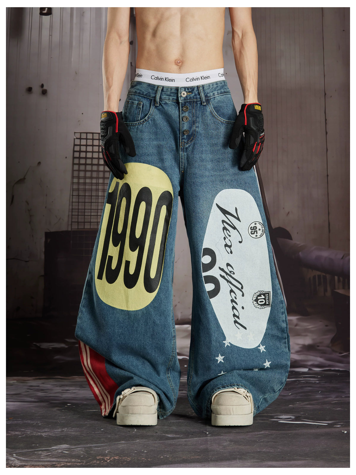 NOMANIAI  Trendy Street-Style Retro Loose-Fit Wide-Leg Curved-Cut Jeans.