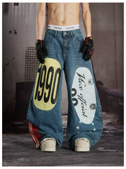 NOMANIAI  Trendy Street-Style Retro Loose-Fit Wide-Leg Curved-Cut Jeans.