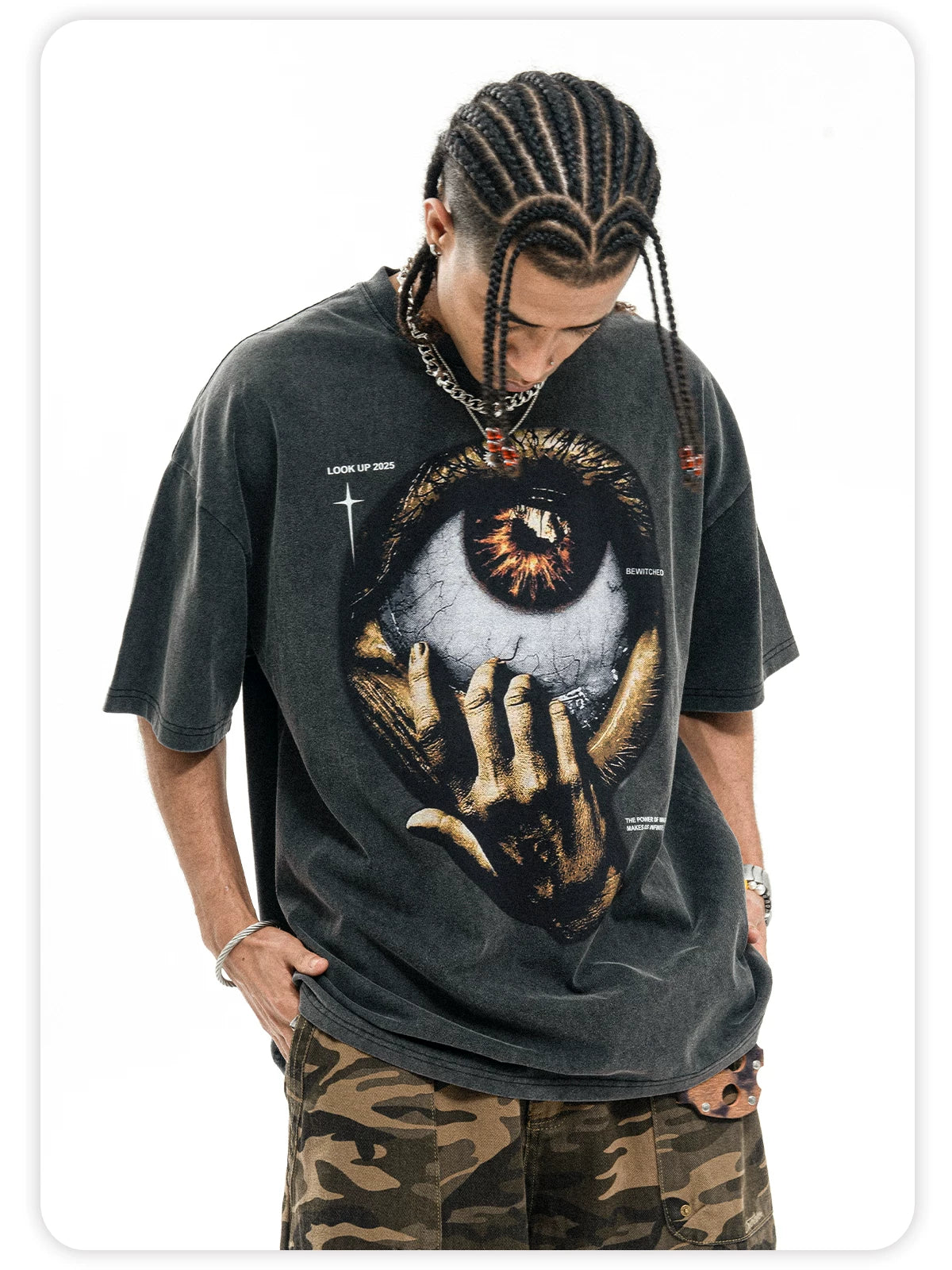 ONSEVENINE Street-style vintage-wash graphic short-sleeve tee with a small neckline.