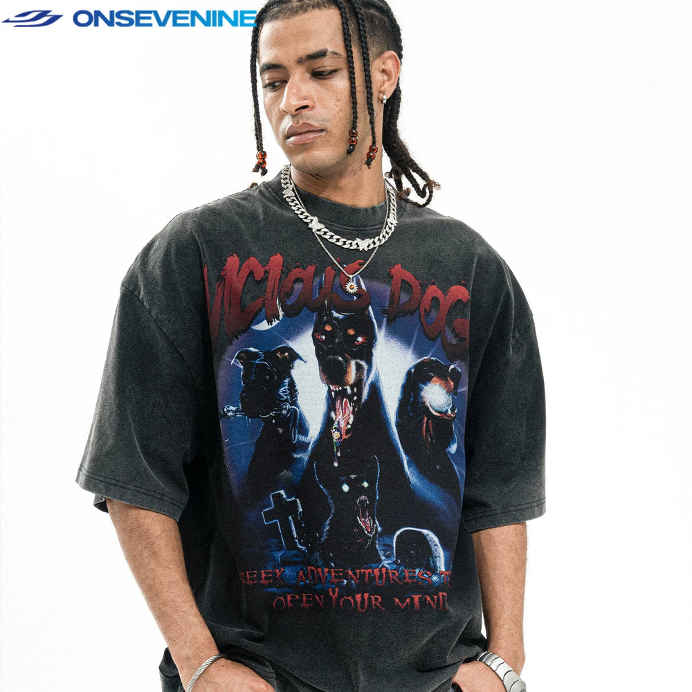 ONS VENINE trendy brand American washed retro distressed 300g heavyweight pure cotton short sleeved T-shirt for men and women summer half sleeves