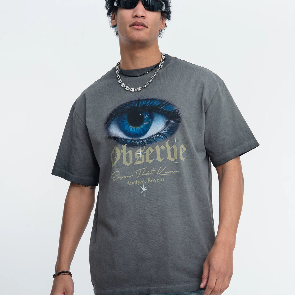 ONS VENINE American washed retro distressed gradient distressed edge 260g small collar short sleeved T-shirt men's summer